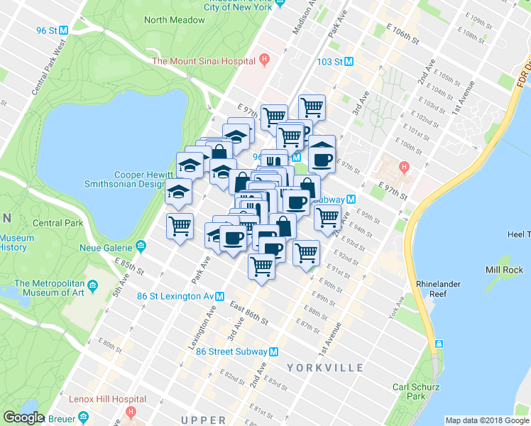 map of restaurants, bars, coffee shops, grocery stores, and more near in New York