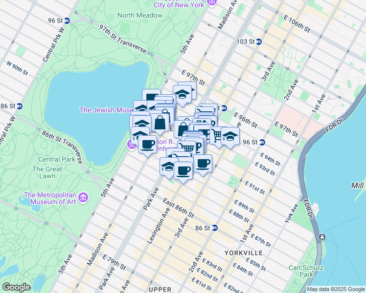 map of restaurants, bars, coffee shops, grocery stores, and more near 1147 Park Avenue in New York