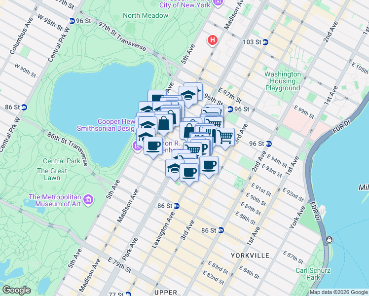 map of restaurants, bars, coffee shops, grocery stores, and more near 1147 Park Avenue in New York