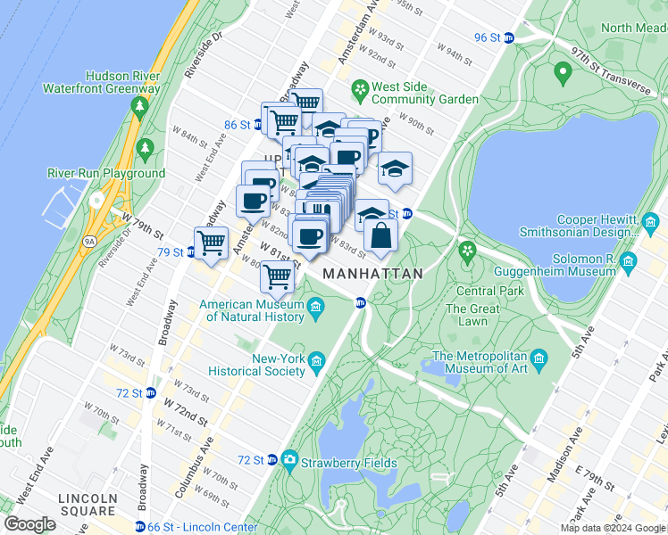 map of restaurants, bars, coffee shops, grocery stores, and more near 31 West 82nd Street in New York