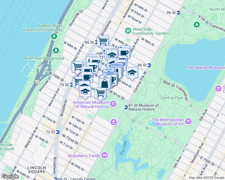 map of restaurants, bars, coffee shops, grocery stores, and more near 451 Columbus Avenue in New York