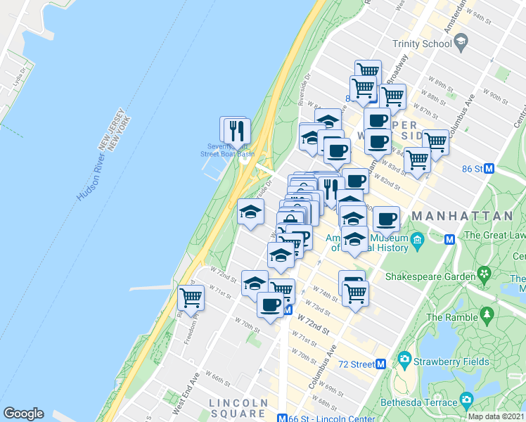 map of restaurants, bars, coffee shops, grocery stores, and more near 321 West 77th Street in New York