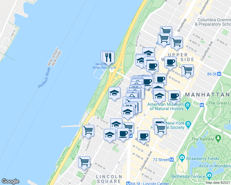map of restaurants, bars, coffee shops, grocery stores, and more near 40 Riverside Drive in New York