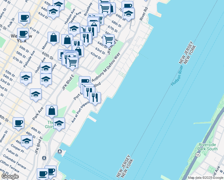 map of restaurants, bars, coffee shops, grocery stores, and more near 8 Avenue at Port Imperial in West New York