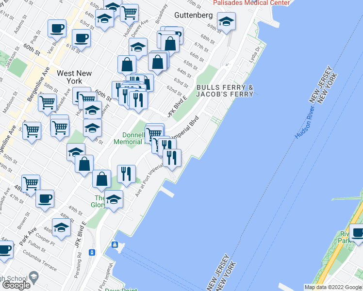 map of restaurants, bars, coffee shops, grocery stores, and more near 9 Avenue at Port Imperial in West New York