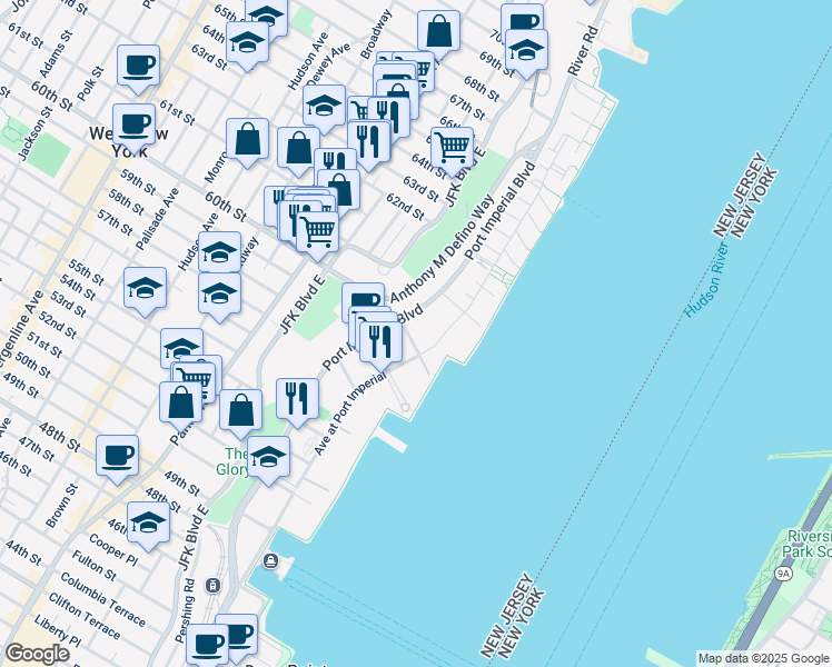 map of restaurants, bars, coffee shops, grocery stores, and more near 9 Avenue at Port Imperial in West New York