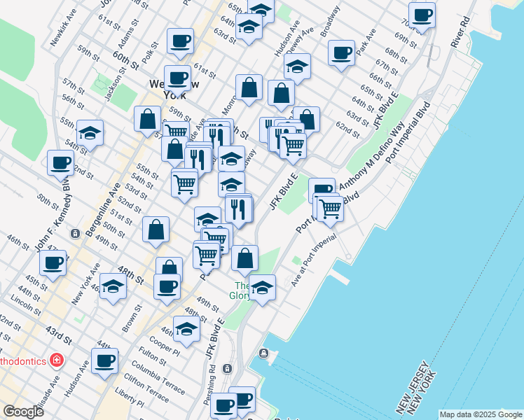 map of restaurants, bars, coffee shops, grocery stores, and more near 5601-15 Park Avenue in West New York