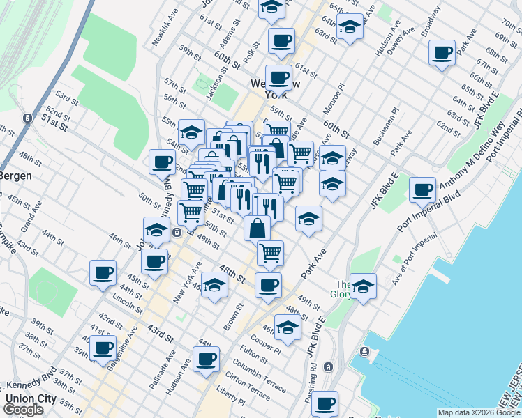 map of restaurants, bars, coffee shops, grocery stores, and more near in West New York