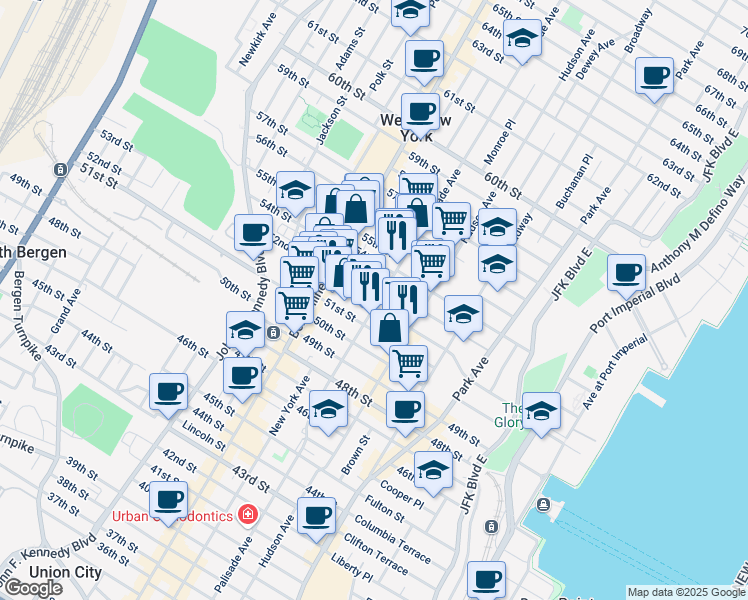 map of restaurants, bars, coffee shops, grocery stores, and more near in West New York