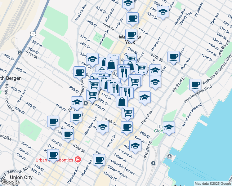 map of restaurants, bars, coffee shops, grocery stores, and more near in West New York