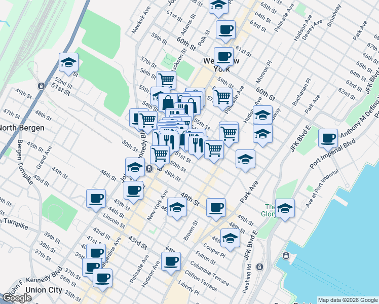 map of restaurants, bars, coffee shops, grocery stores, and more near 425 52nd Street in West New York