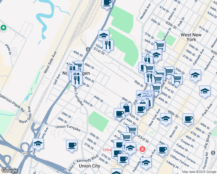 map of restaurants, bars, coffee shops, grocery stores, and more near 1320 46th Street in North Bergen