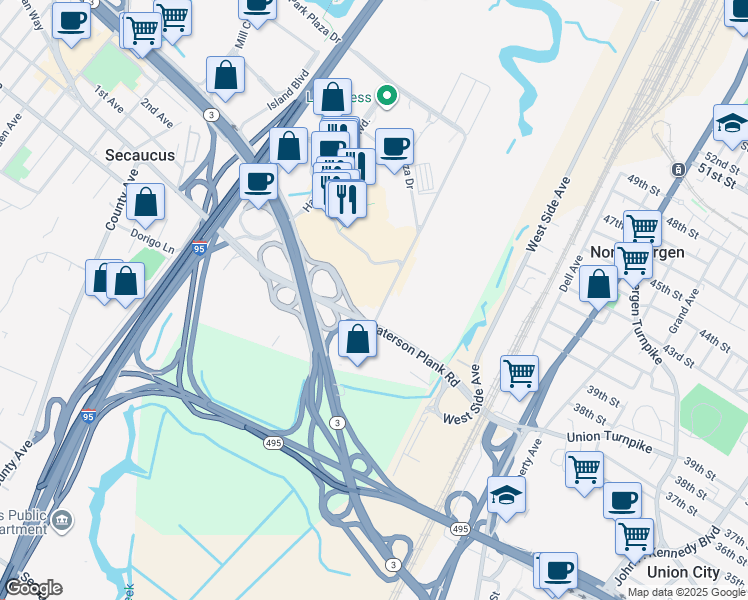 map of restaurants, bars, coffee shops, grocery stores, and more near 50 Plaza Drive in Secaucus