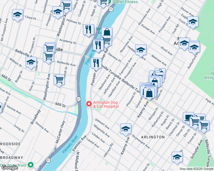 map of restaurants, bars, coffee shops, grocery stores, and more near 20 Madison Avenue in Kearny