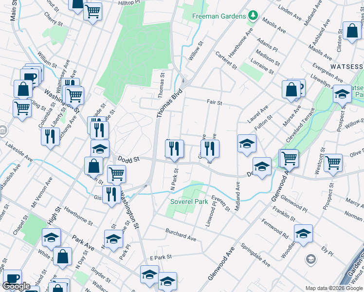 map of restaurants, bars, coffee shops, grocery stores, and more near 205 North Park Street in East Orange