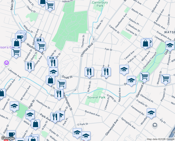 map of restaurants, bars, coffee shops, grocery stores, and more near 35 Long Street in East Orange