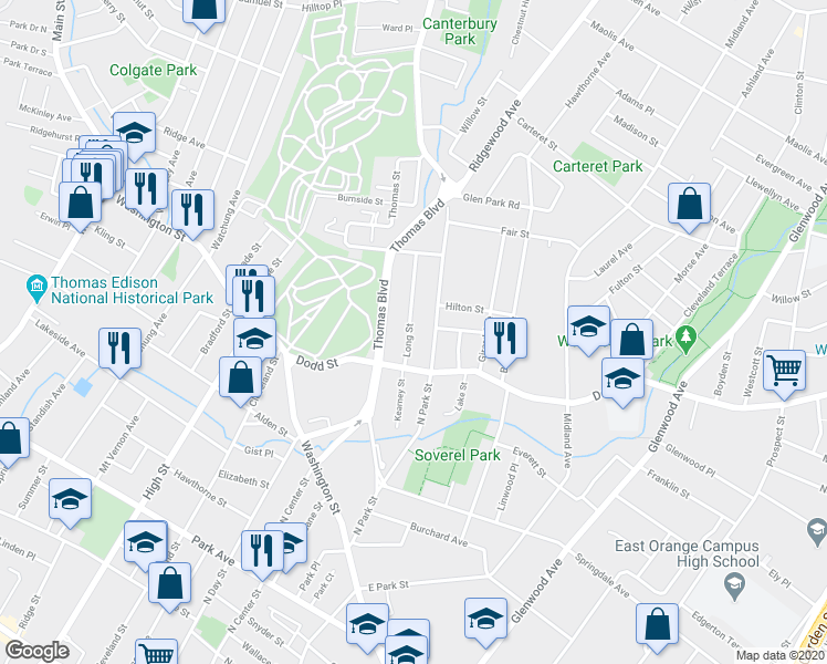 map of restaurants, bars, coffee shops, grocery stores, and more near 35 Long Street in East Orange