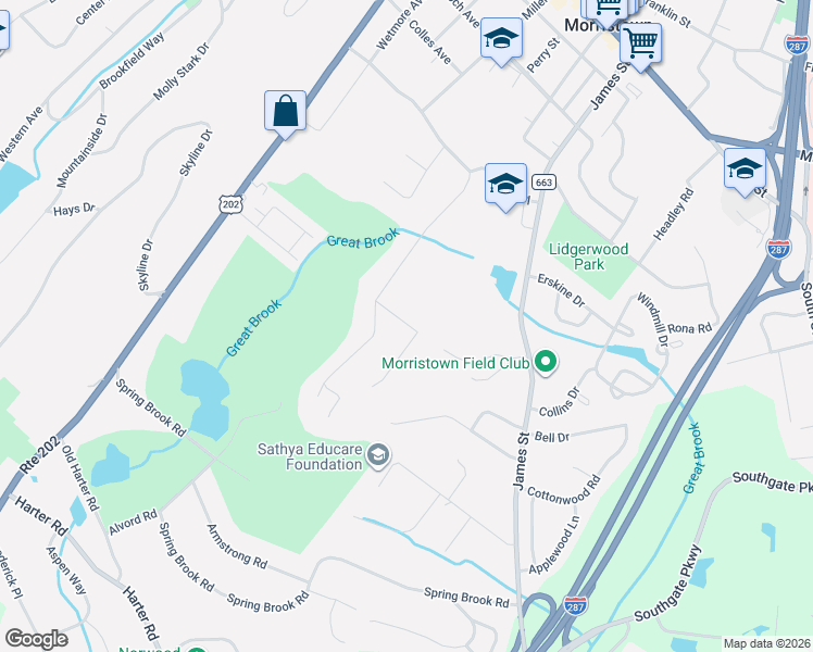 map of restaurants, bars, coffee shops, grocery stores, and more near 5 Westminster Place in Morristown