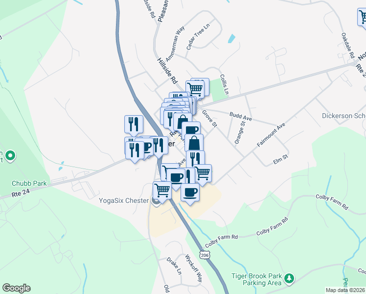 map of restaurants, bars, coffee shops, grocery stores, and more near 9 Main Street in Chester