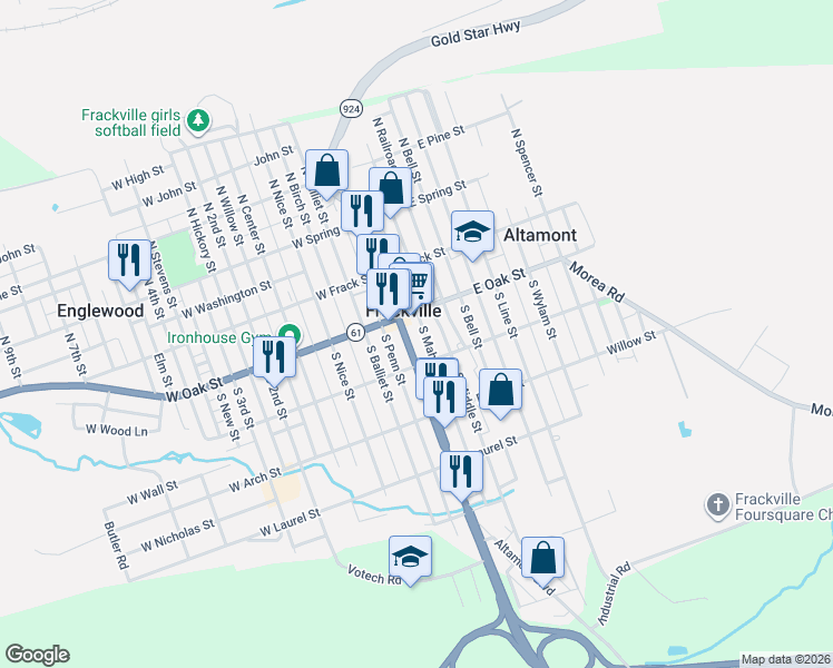 map of restaurants, bars, coffee shops, grocery stores, and more near in Frackville