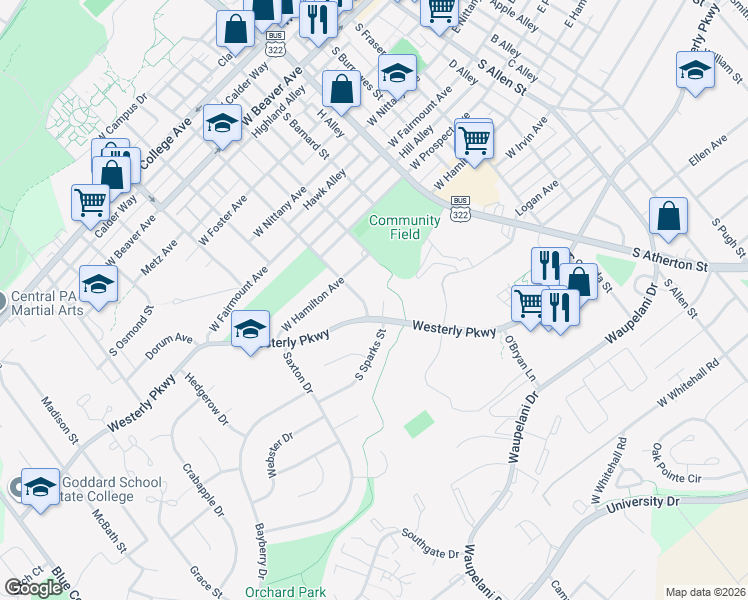 map of restaurants, bars, coffee shops, grocery stores, and more near 685 Westerly Parkway in State College