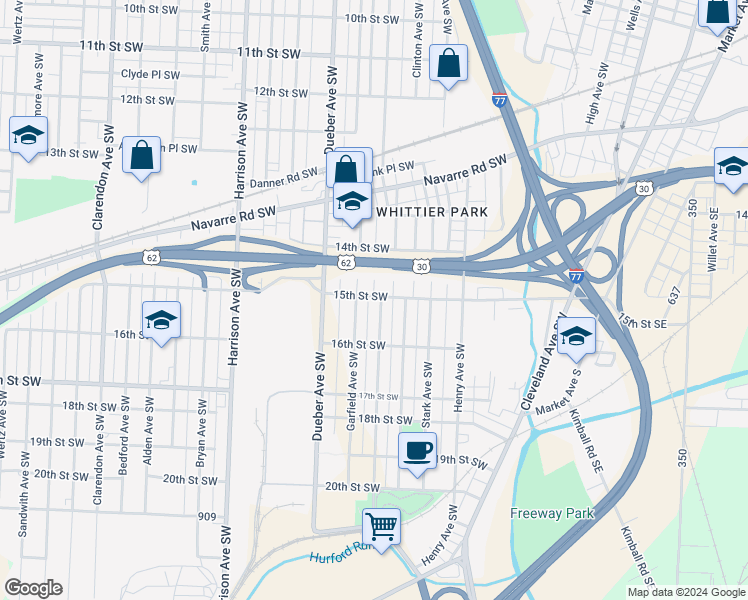 map of restaurants, bars, coffee shops, grocery stores, and more near 1448 Garfield Avenue Southwest in Canton