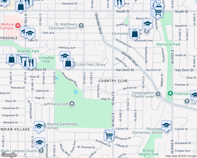 map of restaurants, bars, coffee shops, grocery stores, and more near 2510 Lafayette Avenue in Lincoln