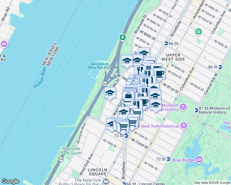 map of restaurants, bars, coffee shops, grocery stores, and more near 326 West 77th Street in New York