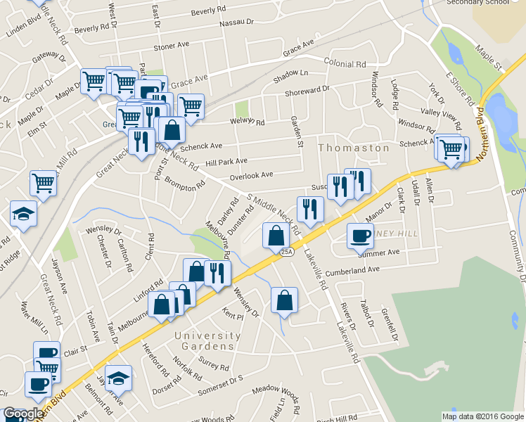 map of restaurants, bars, coffee shops, grocery stores, and more near 180 South Middle Neck Road in Great Neck
