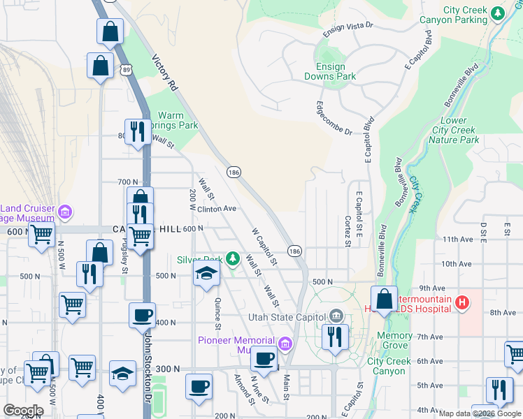 map of restaurants, bars, coffee shops, grocery stores, and more near 641 Victory Road in Salt Lake City