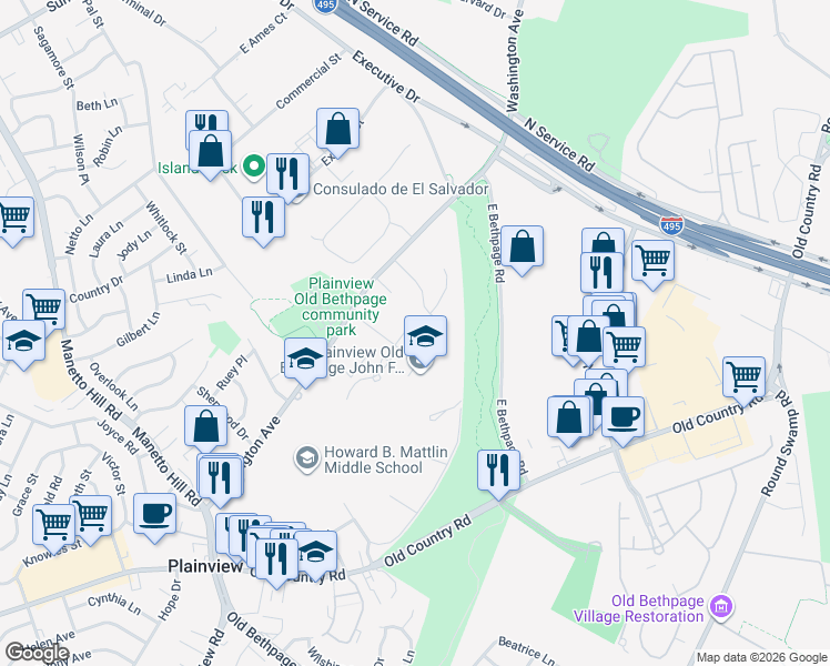 map of restaurants, bars, coffee shops, grocery stores, and more near 15 Southwick Court North in Plainview