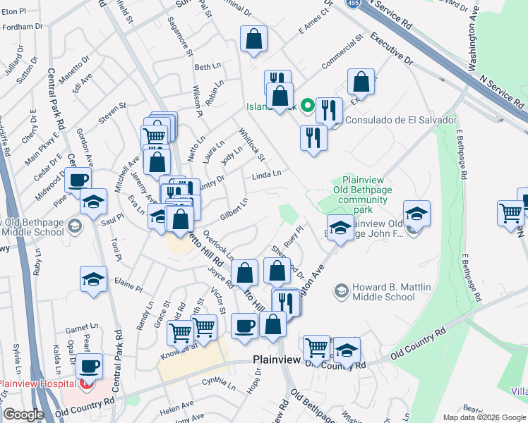 map of restaurants, bars, coffee shops, grocery stores, and more near 29 Elmwood Court in Plainview