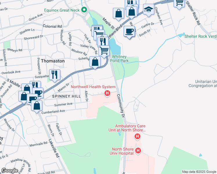 map of restaurants, bars, coffee shops, grocery stores, and more near 86 Pond Hill Road in Manhasset