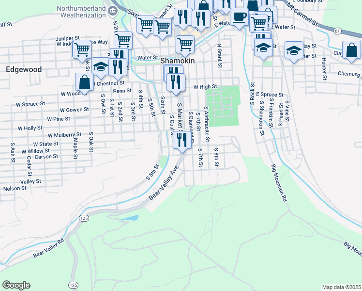 map of restaurants, bars, coffee shops, grocery stores, and more near 398 South Market Street in Shamokin