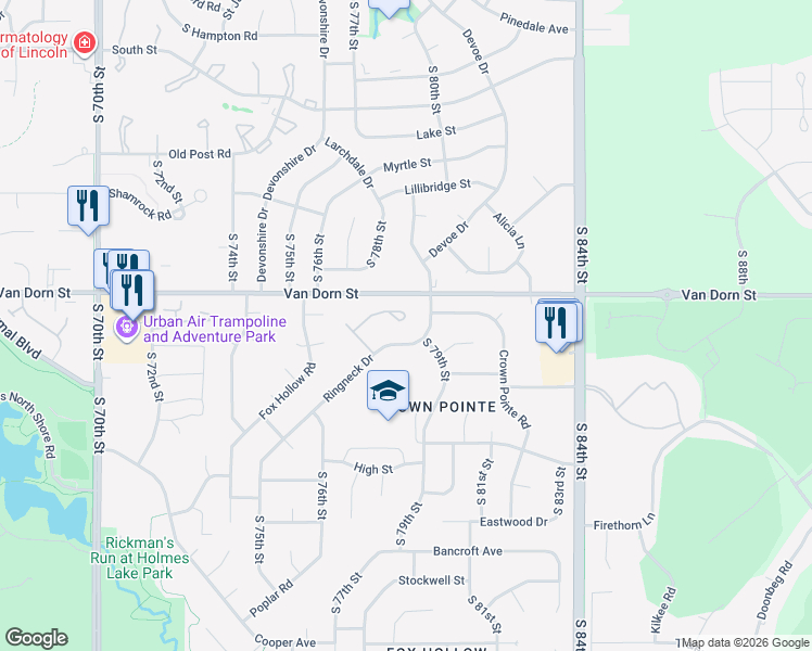 map of restaurants, bars, coffee shops, grocery stores, and more near 7845 Stonewall Court in Lincoln