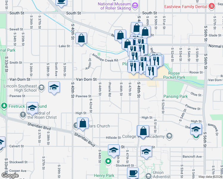 map of restaurants, bars, coffee shops, grocery stores, and more near 4530 Meadow Lane in Lincoln