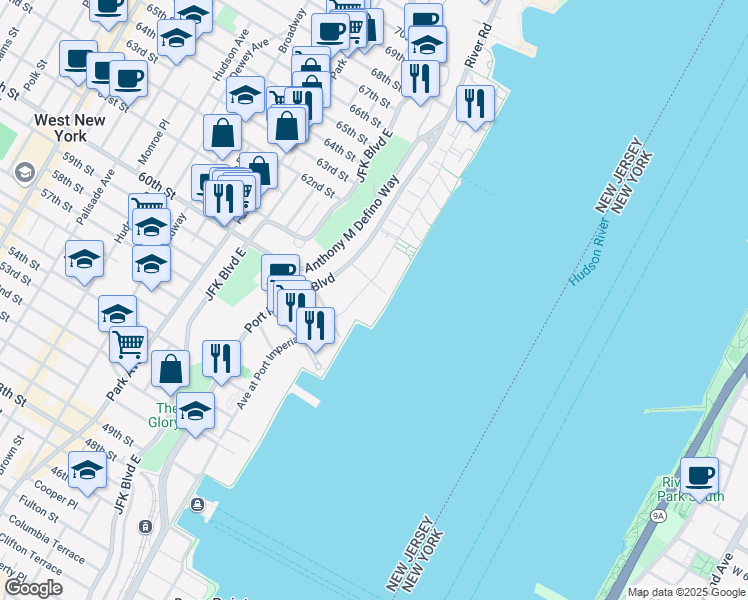 map of restaurants, bars, coffee shops, grocery stores, and more near 8 Avenue at Port Imperial in West New York