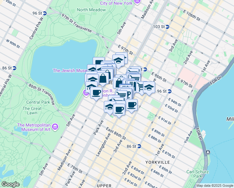 map of restaurants, bars, coffee shops, grocery stores, and more near 100 East 91st Street in New York