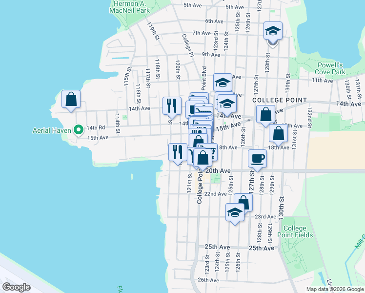 map of restaurants, bars, coffee shops, grocery stores, and more near 15-20 120th Street in Queens