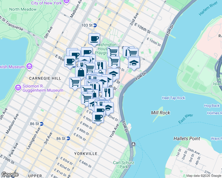 map of restaurants, bars, coffee shops, grocery stores, and more near 334 East 96th Street in New York