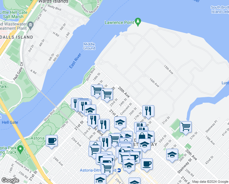 map of restaurants, bars, coffee shops, grocery stores, and more near 20-21 21st Street in Queens