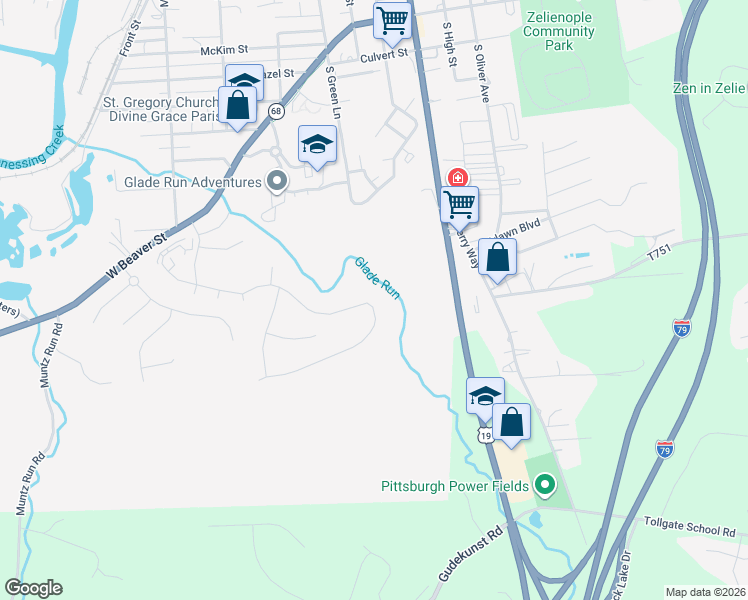 map of restaurants, bars, coffee shops, grocery stores, and more near 143 Oakdale Drive in Zelienople