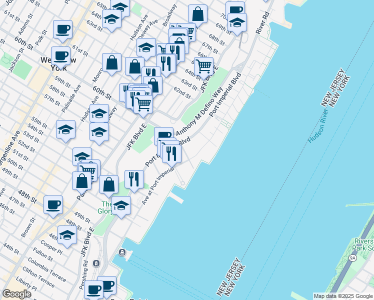 map of restaurants, bars, coffee shops, grocery stores, and more near 9 Avenue at Port Imperial in West New York