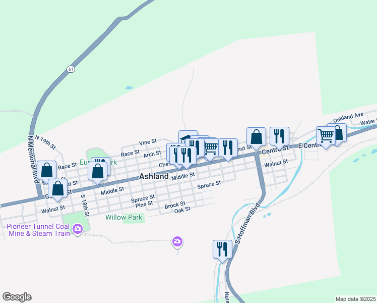 map of restaurants, bars, coffee shops, grocery stores, and more near 815 Market Street in Ashland