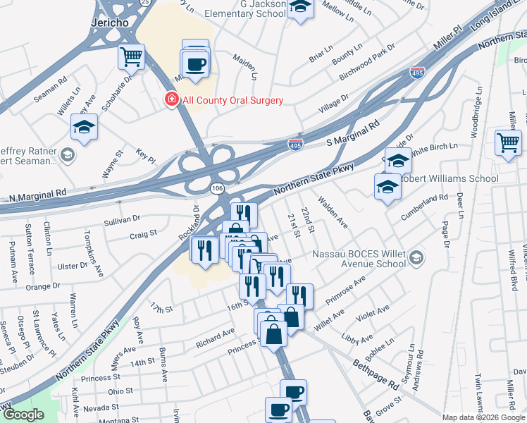 map of restaurants, bars, coffee shops, grocery stores, and more near 34 Parkside Drive in Jericho