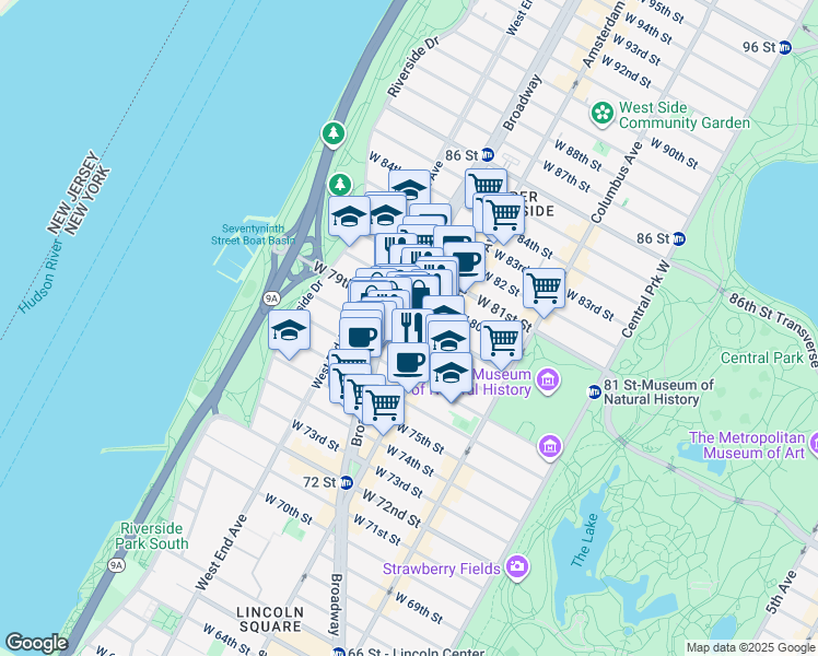 map of restaurants, bars, coffee shops, grocery stores, and more near 222 West 79th Street in New York