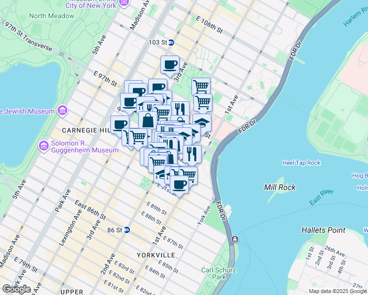 map of restaurants, bars, coffee shops, grocery stores, and more near in New York