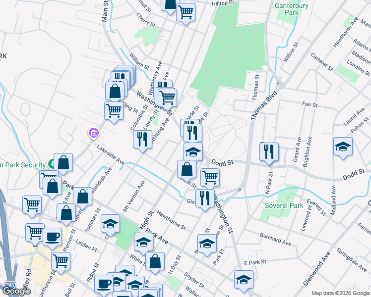 map of restaurants, bars, coffee shops, grocery stores, and more near 404 Washington Street in City of Orange