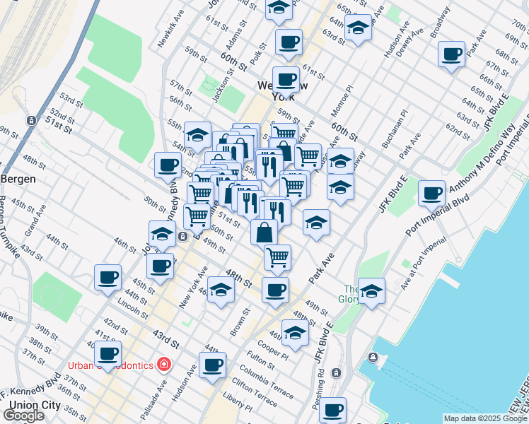 map of restaurants, bars, coffee shops, grocery stores, and more near in West New York