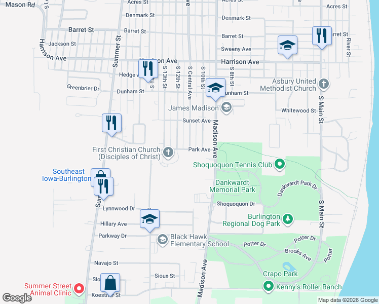 map of restaurants, bars, coffee shops, grocery stores, and more near 1101-1199 Park Avenue in Burlington